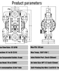 Technical diagram of EMAGENE Air Operated Double Diaphragm Pump2 inch Inlet/Outlet, showing specifications and measurements.