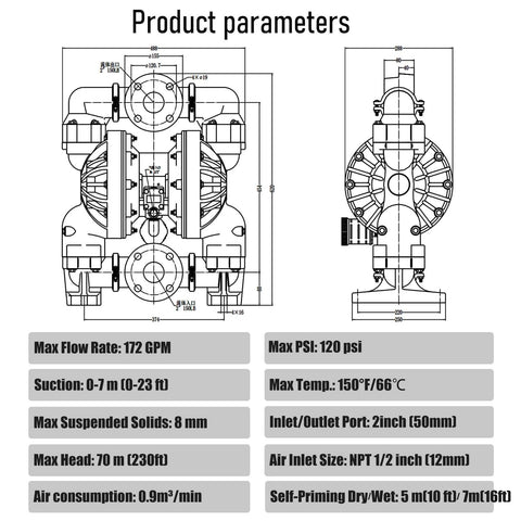 Technical diagram of EMAGENE Air Operated Double Diaphragm Pump2 inch Inlet/Outlet, showing specifications and measurements.