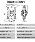 Technical diagram of EMAGENE Air-Operated Double Diaphragm Pump, 1/2 inch inlet and outlet, polypropylene body, 9GPM, max 100pSI for solvent and industrial use.