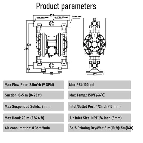 Technical diagram of EMAGENE Air-Operated Double Diaphragm Pump, 1/2 inch inlet and outlet, polypropylene body, 9GPM, max 100pSI for solvent and industrial use.