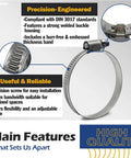 Embossed Worm Gear Hose Clamps Size 28 For One And Five Eighths Inch To Two And Three Eighths Inch Hoses Heavy Duty All 304 Stainless Steel Automotive Hose Clips Forty To Sixty Millimeter Ten Pack close-up with highlighted features.