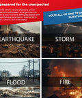 Image collage with scenes of earthquake, storm, flood, and fire, promoting All-In-One Emergency Survival Kit For Four People With 72-Hour Supply Pack.