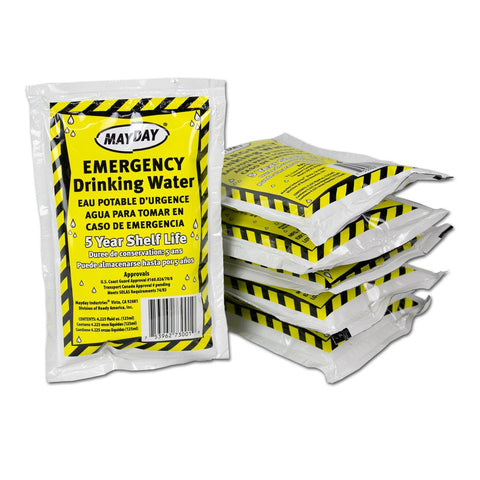 Stack of emergency water pouches from 72 Hour Emergency Go Bag For One Person 3 Day Survival Kit With First Aid Kit Survival Blanket Emergency Food Portable Disaster Prep Pack For Earthquake Fire Flood Readiness
