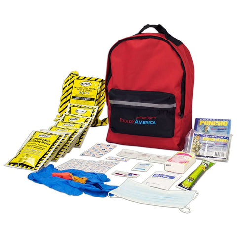 72 Hour Emergency Go Bag For One Person 3 Day Survival Kit With First Aid Kit, survival blanket, and emergency food displayed.