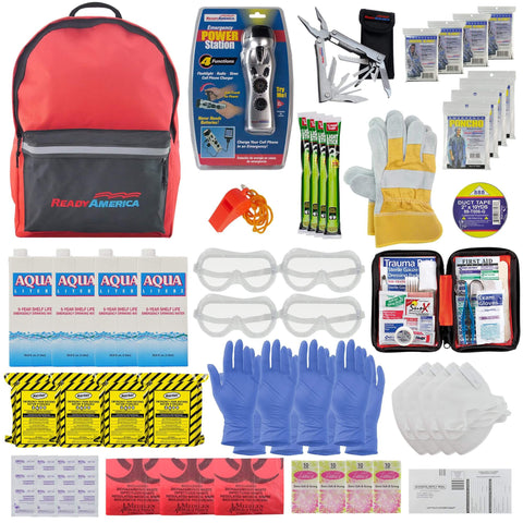 Four Person 72 Hour Deluxe Emergency Kit Backpack With First Aid Gear Survival Blanket Power Station Emergency Food And Hygiene Supplies For Earthquake Fire Flood Preparedness displaying contents like gloves, goggles, first aid supplies, blankets, and water.