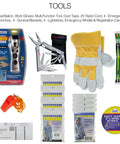 Contents of Four Person 72 Hour Deluxe Emergency Kit Backpack with First Aid Gear, survival blanket, power station, ponchos, and tools.