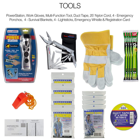 Contents of Four Person 72 Hour Deluxe Emergency Kit Backpack with First Aid Gear, survival blanket, power station, ponchos, and tools.