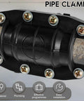 Close-up of 20mm Emergency Pipe Leak Repair Clamp Kit for Plastic and Metal Pipes installed on metal pipe, black fixture with bolts.