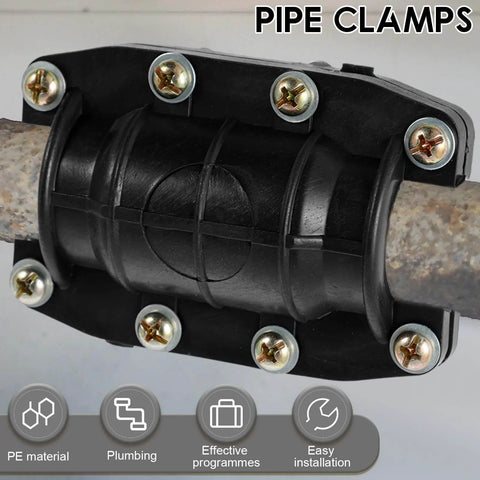 Close-up of 20mm Emergency Pipe Leak Repair Clamp Kit for Plastic and Metal Pipes installed on metal pipe, black fixture with bolts.