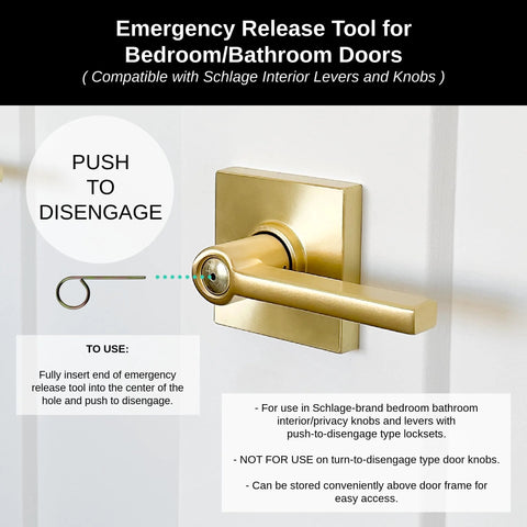 10 Pack Interior Privacy Door Emergency Release Tools for bedrooms and bathrooms next to a gold door handle with access hole.