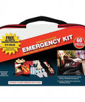 Front view of a 60-piece premium roadside emergency kit with carrying case, flares, and various safety tools visible on packaging.