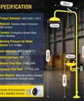 Estación de ducha y lavaojos de emergencia de grado industrial con aprobación OSHA y cumplimiento con ANSI Z358.1 2014 304 Stainless Steel Construcción con amarillo ABS Kit combinado de ducha de primeros auxilios y señalización de emergencia para laboratorios de construcción.