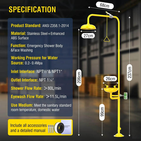 Estación de ducha y lavaojos de emergencia de grado industrial con aprobación OSHA y cumplimiento con ANSI Z358.1 2014 304 Stainless Steel Construcción con amarillo ABS Kit combinado de ducha de primeros auxilios y señalización de emergencia para laboratorios de construcción.
