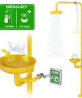 Estación de ducha y lavaojos de emergencia de grado industrial con aprobación OSHA y cumplimiento con ANSI Z358.1 2014 304 Stainless Steel Construcción con amarillo ABS Kit combinado de ducha de primeros auxilios y señalización de emergencia para laboratorios de construcción.