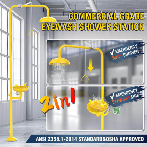 Estación de ducha y lavaojos de emergencia de grado industrial con aprobación OSHA y cumplimiento con ANSI Z358.1 2014 304 stainless steel