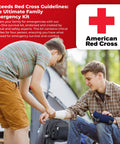 Two people using All-In-One Emergency Survival Kit For Four People With 72-Hour Supply Pack outdoors near a tent, focusing on first aid.