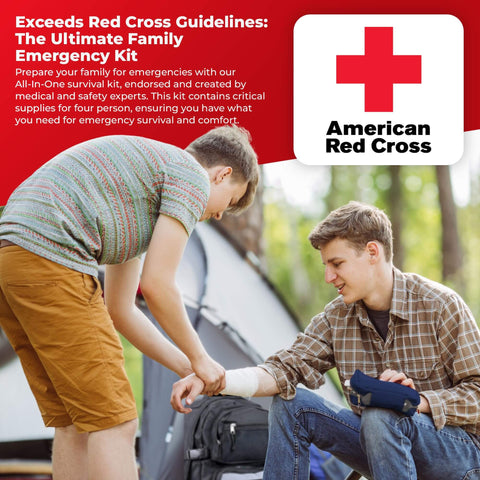 Two people using All-In-One Emergency Survival Kit For Four People With 72-Hour Supply Pack outdoors near a tent, focusing on first aid.
