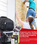 Man boarding up house with All-In-One Emergency Survival Kit For Four People With 72-Hour Supply Pack in foreground