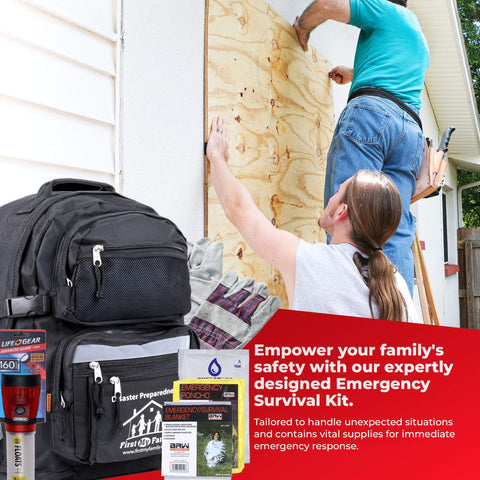 Man boarding up house with All-In-One Emergency Survival Kit For Four People With 72-Hour Supply Pack in foreground