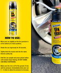 Close-up of Fix-a-Flat can with instructions next to a tire in use, demonstrating Aerosol Emergency Flat Tire Repair And Inflator For X Large Tires 24 oz