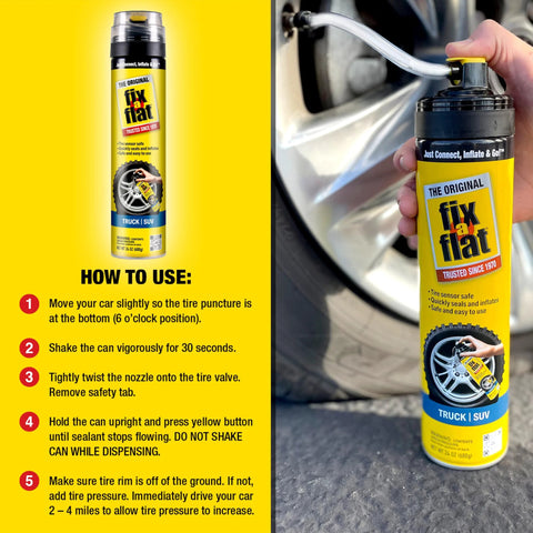 Close-up of Fix-a-Flat can with instructions next to a tire in use, demonstrating Aerosol Emergency Flat Tire Repair And Inflator For X Large Tires 24 oz