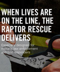 Raptor Rescue 6 In 1 Heavy Duty Emergency Trauma Shears With Carbide Glass Breaker And Strap Cutter For EMS And First Responders Made In USA with ergonomic handles in action.