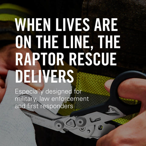 Raptor Rescue 6 In 1 Heavy Duty Emergency Trauma Shears With Carbide Glass Breaker And Strap Cutter For EMS And First Responders Made In USA with ergonomic handles in action.