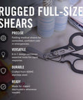 Raptor Rescue 6-in-1 Heavy-Duty Emergency Trauma Shears With Included Utility Holster Made In USA Built For Quick Rescue And Grab-And-Go Everyday Tough Situations Anywhere, shown on a table with medical supplies, demonstrating 6-in-1 design.
