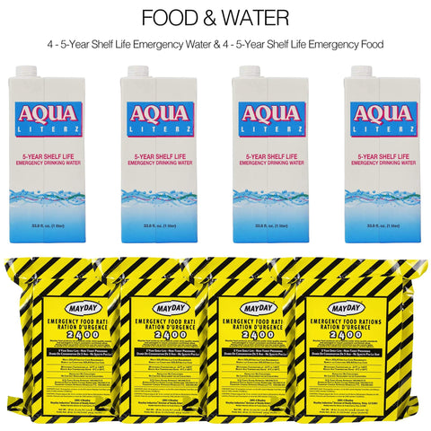 Four Person 72 Hour Deluxe Emergency Kit Backpack With First Aid Gear Survival Blanket Power Station Emergency Food And Hygiene Supplies For Earthquake Fire Flood Preparedness with Aqua Liters and Mayday food rations.