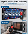Handheld EMF Meter detects electric and magnetic fields near circuit board and microwave, LCD display, sound-light alarm.