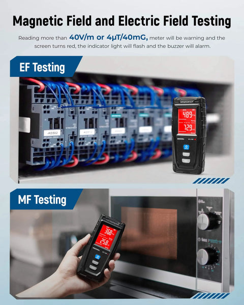 Handheld EMF Meter detects electric and magnetic fields near circuit board and microwave, LCD display, sound-light alarm.