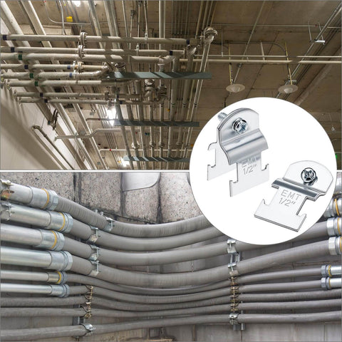 EMT Pipe Universal Strut Clamps Ten Pack One Half Inch Electro Galvanized Conduit Channel Clamps used in conduit installation.