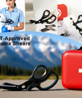 2 Pack Medical Trauma Shears For Left And Right Hand with red first aid kit and mountains in background