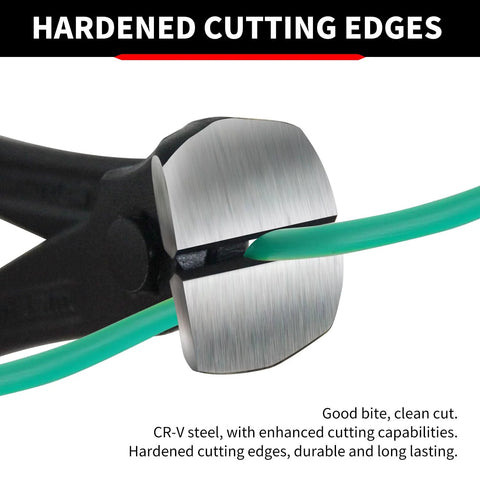 Close-up of 7 Inch Nail Puller End Cutting Pliers Chrome Vanadium Steel With Anti Rust Coating cutting green wire