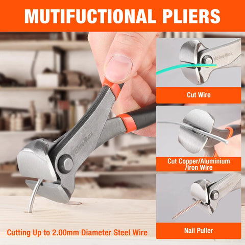 Three Piece Nail Puller And Staple Remover Tool Set with 7 Inch End Cutting Pliers cutting wire in use, close-up view.