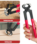 Hand holding 8 inch end cutting pliers from the Four Piece Cr V Steel Pry Bar Set With Nail Pullers Including Cats Paw 12 Inch And 8 Inch Claws 10 Inch Flat Pry Bar And 8 Inch End Cutting Pliers For Woodworking Remodeling Construction Scraping Lifting And Prying Tasks, featuring red rubber handles and black metal jaws.