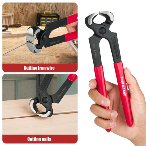 Hand holding 8 inch end cutting pliers from the Four Piece Cr V Steel Pry Bar Set With Nail Pullers Including Cats Paw 12 Inch And 8 Inch Claws 10 Inch Flat Pry Bar And 8 Inch End Cutting Pliers For Woodworking Remodeling Construction Scraping Lifting And Prying Tasks, featuring red rubber handles and black metal jaws.