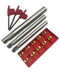 90 Degree End Mill Holder Set With 3 Pieces BAP300R And 10 APMT1135PDER Milling Inserts For Steel Cast Iron Machining Shoulder Milling Face Milling Slotting Milling High Vibration Absorbing 40CrMo Tool Holder By JTR, showing tool holders and inserts on white background.