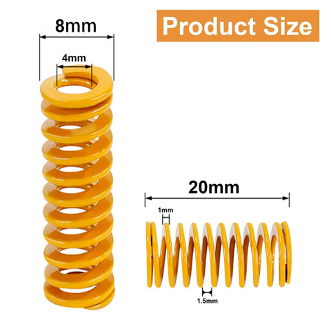 Metal Ender 3 Bed Spring Set 8mm OD 20mm Long Light Load Compression Mould Die Springs Pack of 10 shown with measurement details