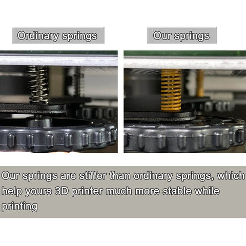 Comparison of ordinary and Eight Pack Heated Bed Leveling Springs for Ender 3 Series 3D Printers, showing tighter tension and stability.