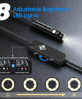Endoscope with Light showing 8 adjustable LED lights and controls on 16.4ft semi-rigid snake camera, dual lens, and button for switch modes.