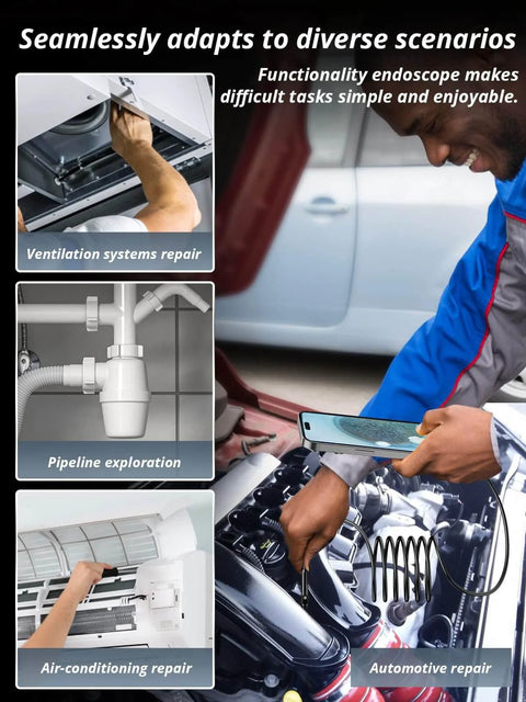 Endoscope Camera with Light used in ventilation, pipeline, air-conditioning, and automotive repair scenarios.