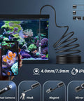 Endoscope Camera with Light,1920P HD Borescope Tools with 8 Adjustable LED Lights next to aquarium, showing coil and phone display.