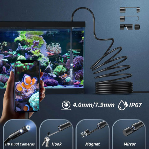 Endoscope Camera with Light,1920P HD Borescope Tools with 8 Adjustable LED Lights next to aquarium, showing coil and phone display.