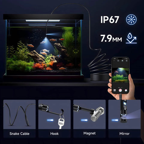 Dual-Lens Endoscope Camera with Light showing IP67 waterproof feature and accessories, used for aquarium inspection on phone screen