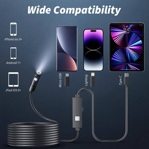 Endoscope Camera with Light,1920P HD Borescope Tools compatibility with iPhone, Android, iPad; includes micro USB, Lightning, Type-C cables.