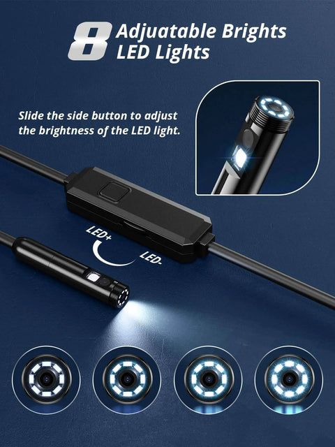 Endoscope Camera with Light, Dual-Lens 1920P HD Borescope with 8 Adjustable LED Lights highlighting LED brightness control