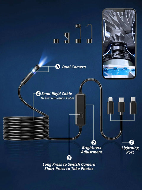 Endoscope Camera with Light, Dual-Lens 1920P HD Borescope and 16.4ft semi-rigid snake cable diagram