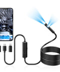 Endoscope Camera with Light, Dual-Lens 1920P HD Borescope, semi-rigid cable, smartphone display, and connectors for iOS and Android.
