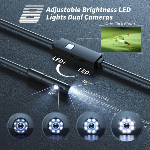 Endoscope Camera with Light,1920P HD Borescope Tools with 8 Adjustable LED Lights, Semi-Rigid Snake Camera showing LED brightness